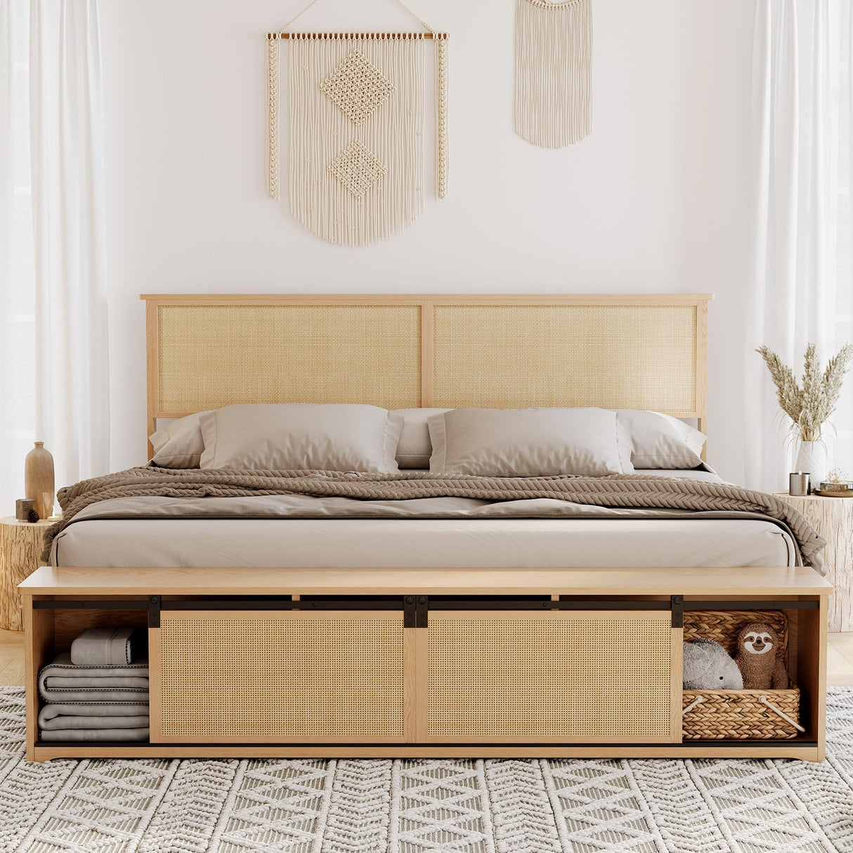 GarveeHome Natural Rattan Queen Size Bed Frame with Sliding Barn Door Storage Cabinets and LED Light Headboard, Boho Farmhouse Wood Platform Bed with Solid Wood Legs Support, No Box Spring Needed GarveeHome