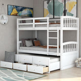 Harper & Bright Designs Twin Over Twin Bunk Bed with Trundle and Storage Drawers, Wood Bunk Bed with Safety Rail and Ladder for Kids Teens Adults, No Box Spring Required (White) Harper & Bright Designs