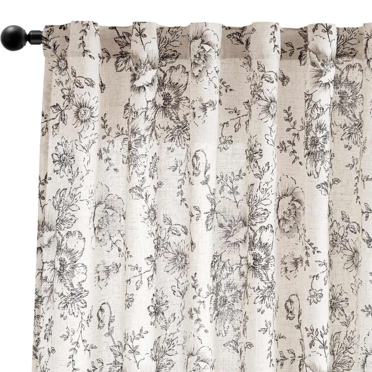 jinchan Linen Blend Curtain Floral Curtains for Living Room 84 Inch Length Black Printed Curtain Rod Pocket Back Tab Farmhouse Peony Flower Patterned Drapes Bedroom Window Curtains Set 2 Panels jinchan