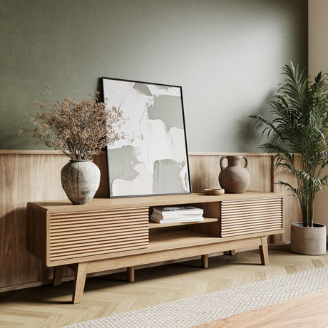 Buytime 59" Mid Century Modern Wood TV Console, Boho TV Stand for 55/60/65 Inch TV, Low Profile Media Console with Fluted Sliding Doors, Modern Entertainment Center for Living Room (Fluted Oak, 59") Buytime