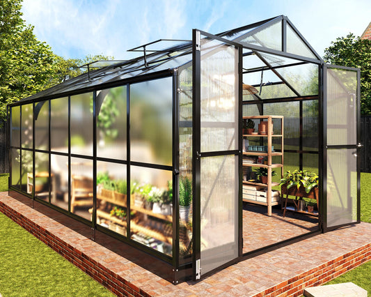 PaPaJet 8x14 FT Polycarbonate Greenhouse with Quick-Connect Fittings, Walk-in Large Aluminum Greenhouse with 2 Swing Doors, Winter Greenhouse for Outdoors Black