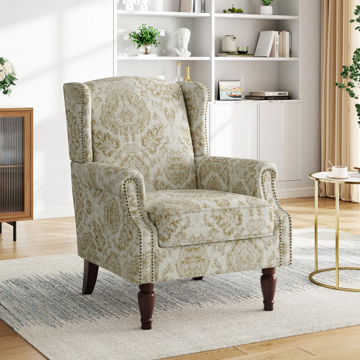 Pia Ricco High Back Floral Accent Chair - Retro Wingback Upholstered Armchair with Nailhead Trim, Solid Wood Legs, Fabric Living Room Bedroom Reading Chair (Flower White) Pia Ricco