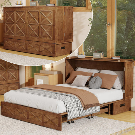 Keloyid Solid Wood Murphy Bed Cabinet：Queen Size Murphy Bed with USB Charging Station and Large Storage Drawer for Home，Optimize Sleeping Space（Mattress Not Included） Khaki-23 Keloyid