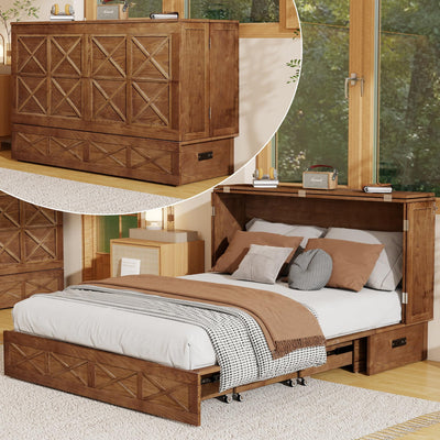 Keloyid Solid Wood Murphy Bed Cabinet：Queen Size Murphy Bed with USB Charging Station and Large Storage Drawer for Home，Optimize Sleeping Space（Mattress Not Included） Khaki-23