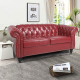 RARZOE Traditional Chesterfield PU Loveseat Sofa, Modern Vintage Chesterfield Button Tufted Faux Leather Couch with Nailhead Trim Scrolled Arms for Living Room Bedroom Office(Burgundy) RARZOE