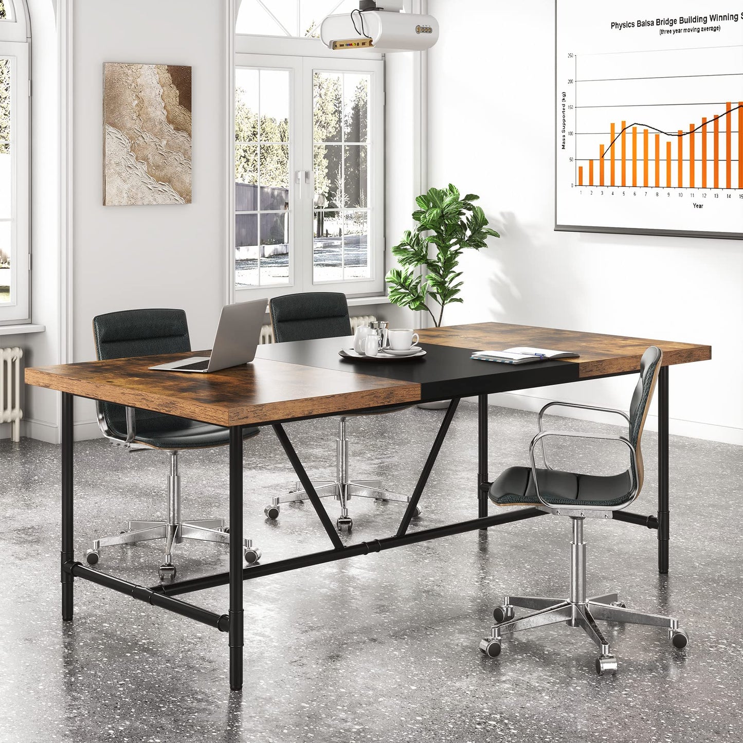 Tribesigns 6FT Conference Table, 70.8" W x 35.4" D Meeting Table Conference Room Tables with Pipe Metal Frame, Rectangle Training Seminar Table Computer Desk for Home Office, Brown - WoodArtSupply