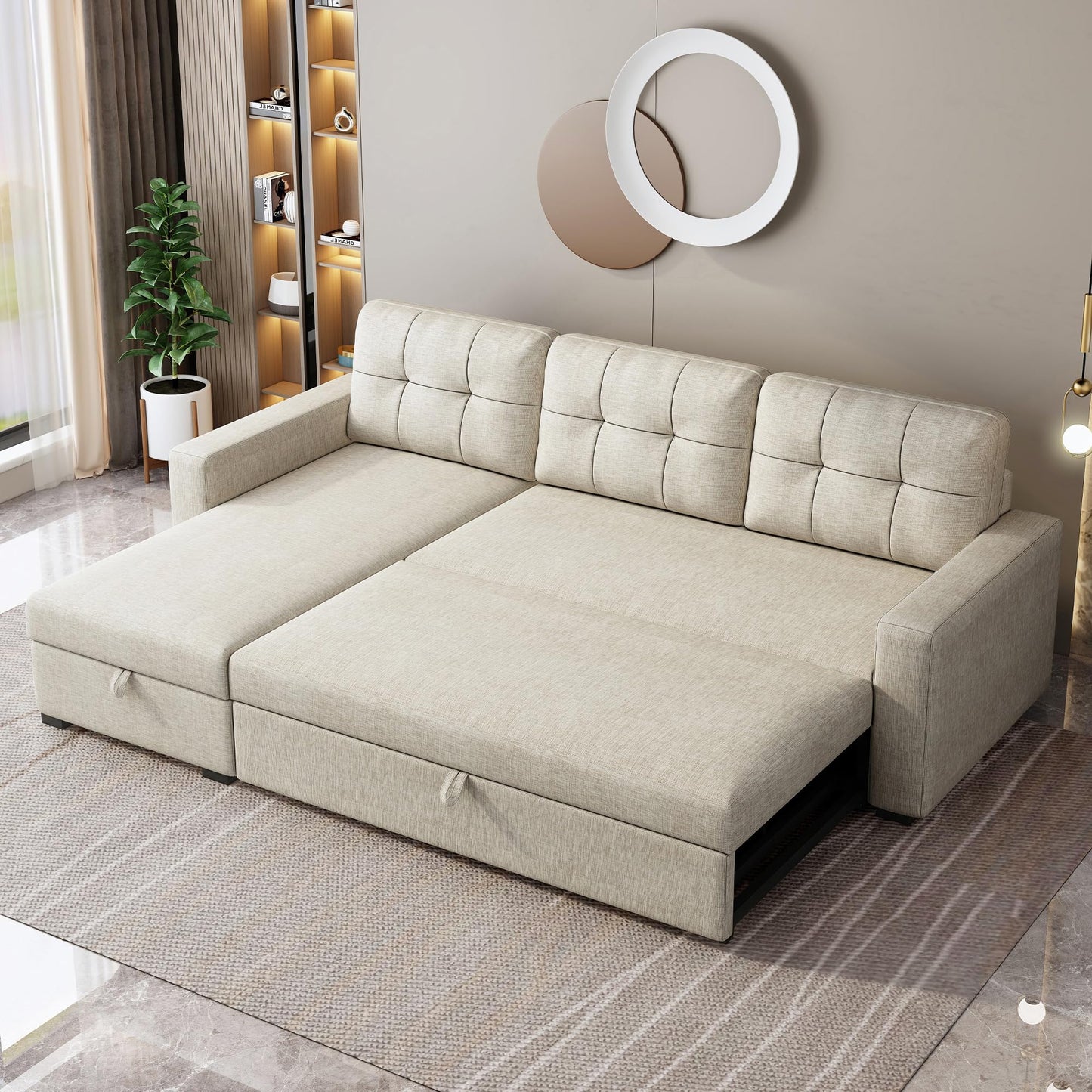 YOPTO Sectional Sleeper Sofa with Storage Chaise,Convertible L Shaped Pull Out Couch Bed with 3 Removable Back Cushion for Living Room, Apartment,Office,Beige,81.5"