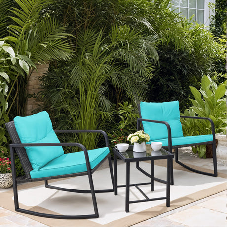 Greesum 3 Pieces Rocking Rattan Wicker Bistro, Patio Furniture Set with Soft Cushion and Glass Coffee Table, Design for Poolside Yard Garden, Blue Greesum