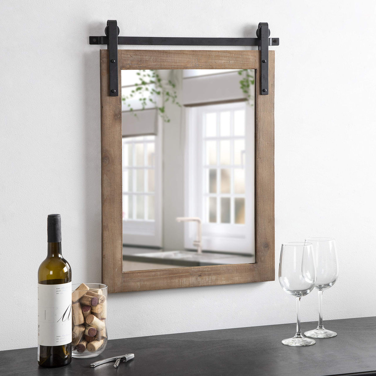 Kate and Laurel Cates Farmhouse Wood Framed Wall Mirror, 18 x 26, Rustic Brown, Barn Door-Inspired Rustic Mirrors for Wall Kate and Laurel