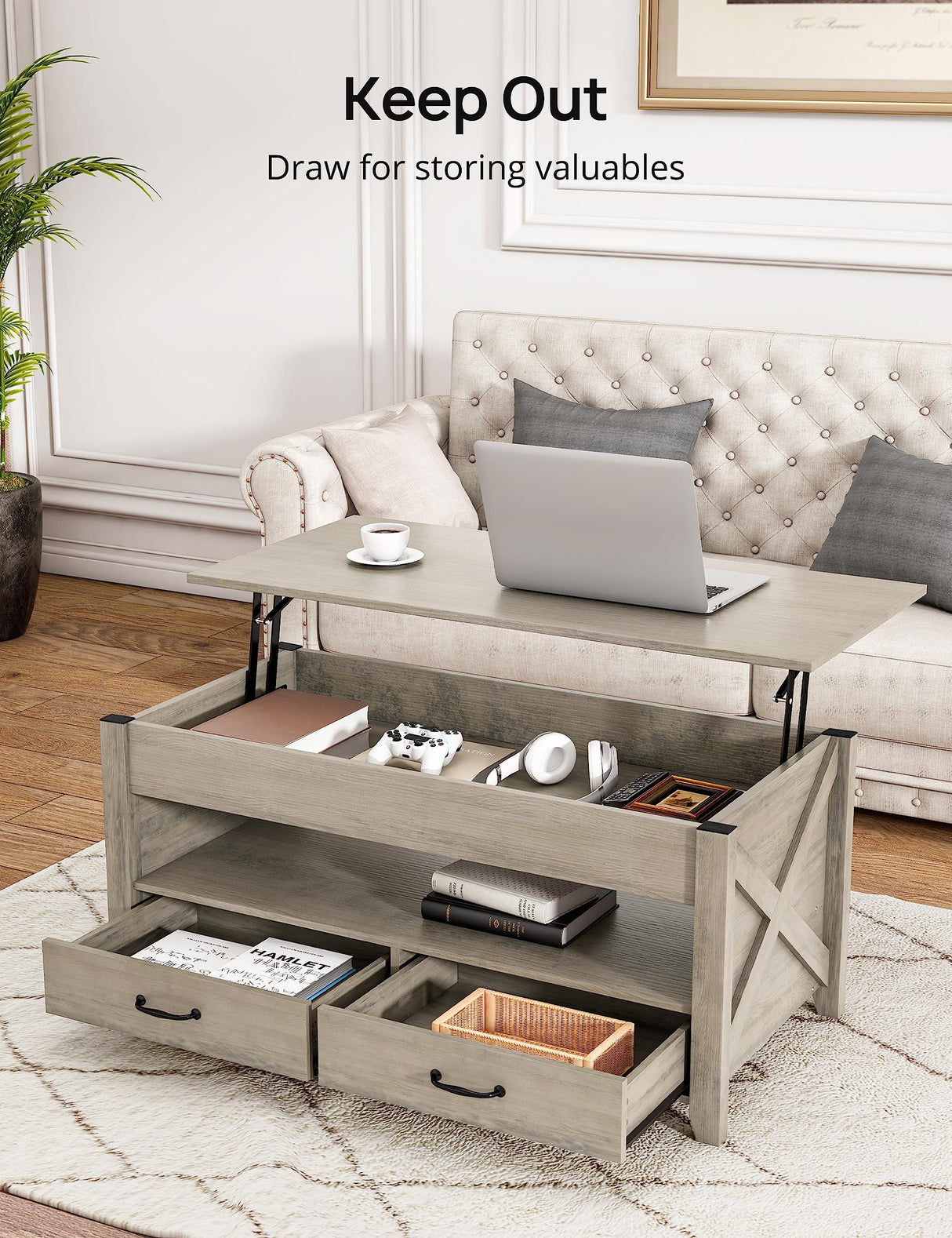 Evajoy Lift Top Coffee Table, Modern Coffee Table with 2 Storage Drawers and Hidden Compartment, X-Shape Wood Support, Center Table with Lift Tabletop for Living Room, Office,Grey,16.9''x41.3''x18.1'' Evajoy