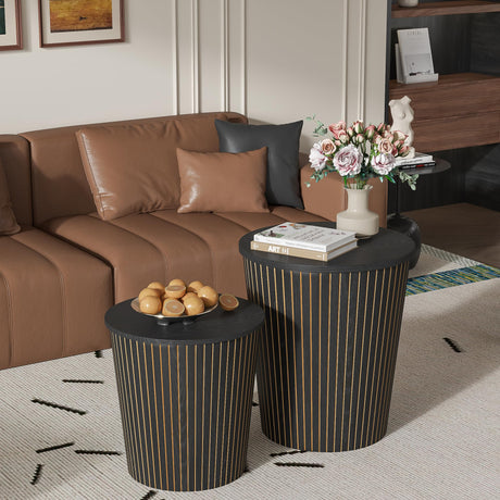 Round Coffee Table Set,2-Piece Modern Farmhouse Living Room End Table Set, Nesting Table Round Natural Finish for Living Room (Black, 17.72'') Lisicues