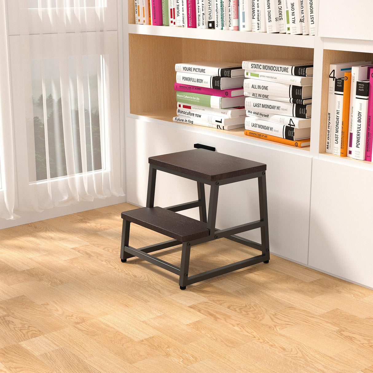 Wooden Step Stool, Bed Steps for High Bed for Adults Kids, Heavy Duty Bed Step Stool for Adults with 500 LB Load Capacity, Wooden 2 Step Stool for Kitchen Bedroom Livingroom Bathroom(Dark Walnut) RORKEE