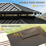 DWVO 13X15FT Gazebo Wood Outdoor Wooden Frame Double Roof Hardtop Galvanized Steel Top Canopy w/Curtain and Netting, Patio Heavy Duty for Deck, Backyard, Beige Yellow DWVO