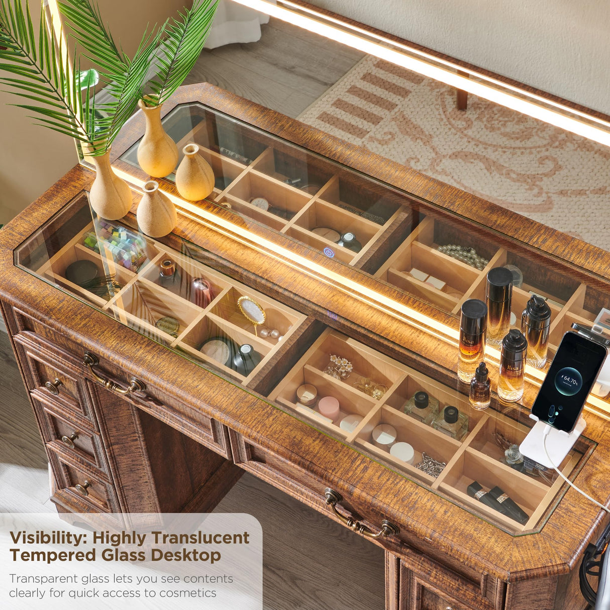 T4TREAM Makeup Vanity Desk with 48" HD Lighted Mirror, Farmhouse Vanity Desk with 8 Drawers, Vanity Table with 3 Color Modes, Dressing Table with Glass Top and Power for Bedroom(Reclaimed Barnwood) T4TREAM