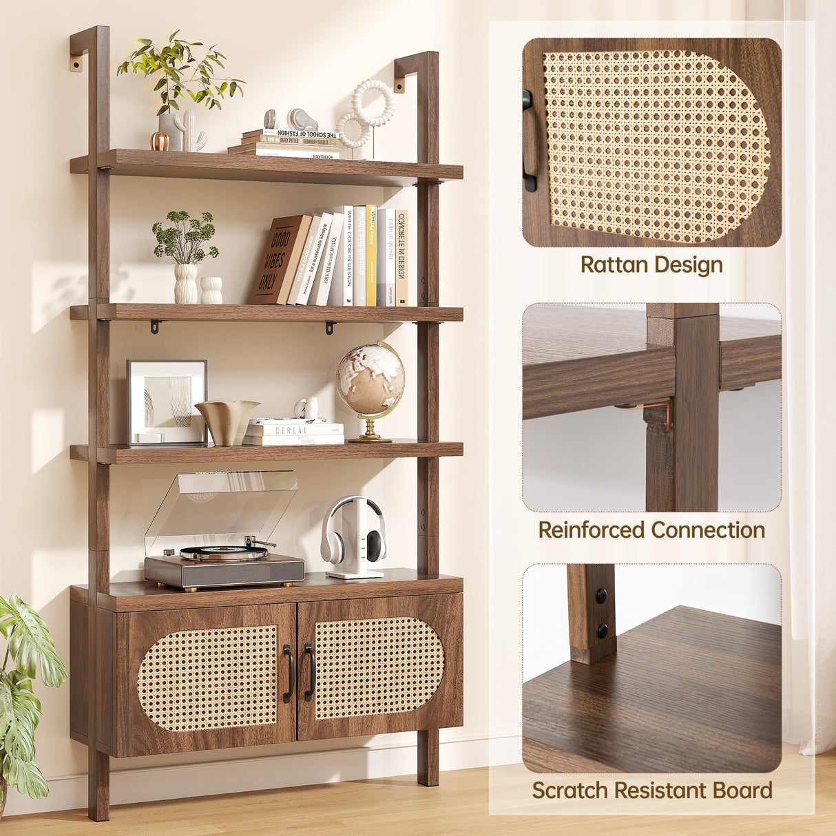 72" Tall Industrial Bookshelf Ladder with 1" Thick Wood - Faux Wood Grain Finish, 5-Tier Open Wall Mount Storage Cabinet with Rattan Doors, Rustic Brown iabifo