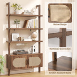 72" Tall Industrial Bookshelf Ladder with 1" Thick Wood - Faux Wood Grain Finish, 5-Tier Open Wall Mount Storage Cabinet with Rattan Doors, Rustic Brown iabifo