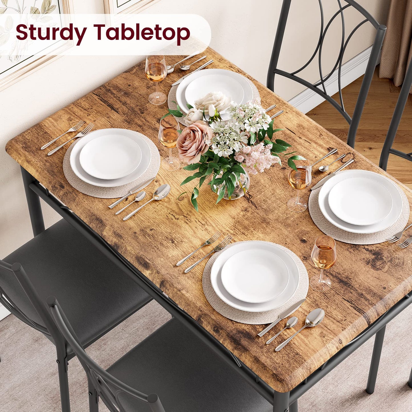 CABIHOME Dining Table Set, 5 Piece Dining Table Set for 4, Rectangle Kitchen Table Set with 4 Upholstered Chairs, Dining Table Set for Small Space, Apartment, Retro Brown - WoodArtSupply