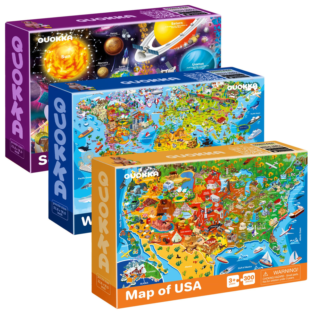 QUOKKA 300 Piece Floor Puzzles for Kids Ages 10-12 - 3X Set Floor Jigsaw Puzzles Large Pieces - Learning Space USA and World Maps - Gift Game for Adults Family Boys and Girls 8-10 Year Olds QUOKKA
