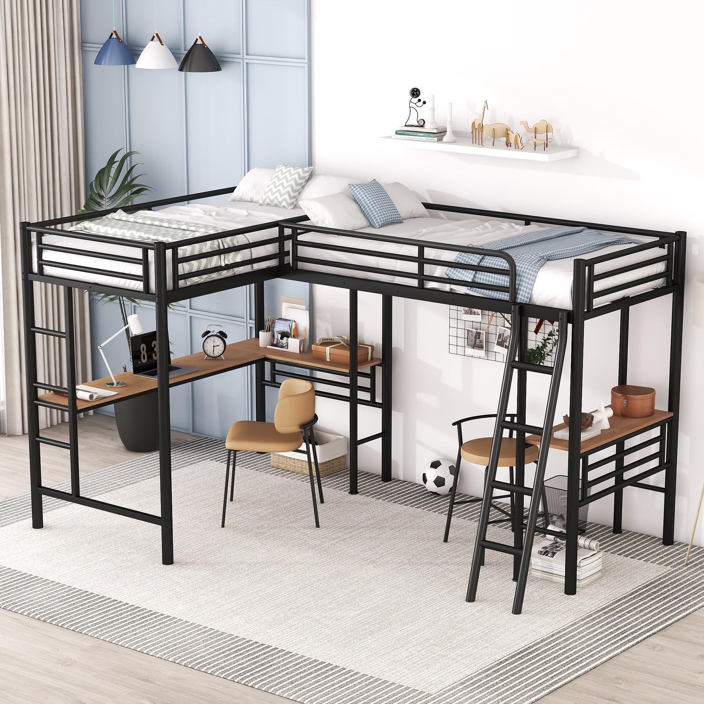 MERITLINE Metal Twin Size L-Shaped Loft Bed, Twin Size Loft Bed Frame with Two Built-in Desks Underneath for Kids Boys Teens, Black