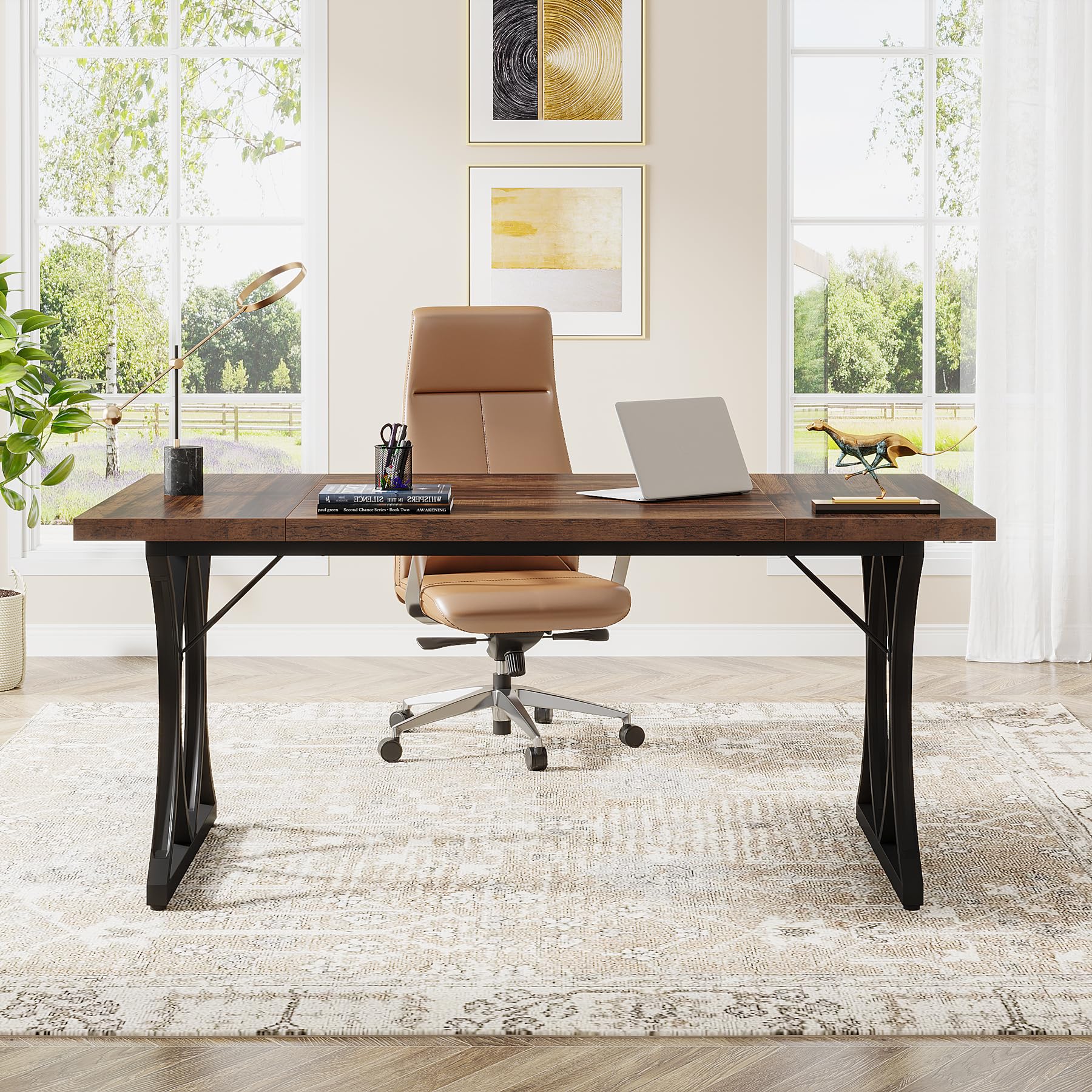 Tribesigns 63 L x31W x 30 H Executive Desk, Farmhouse Wood Computer Desk, Large Home Offcie Table with Black Metal Frame, Long Table (black&rustic) - WoodArtSupply