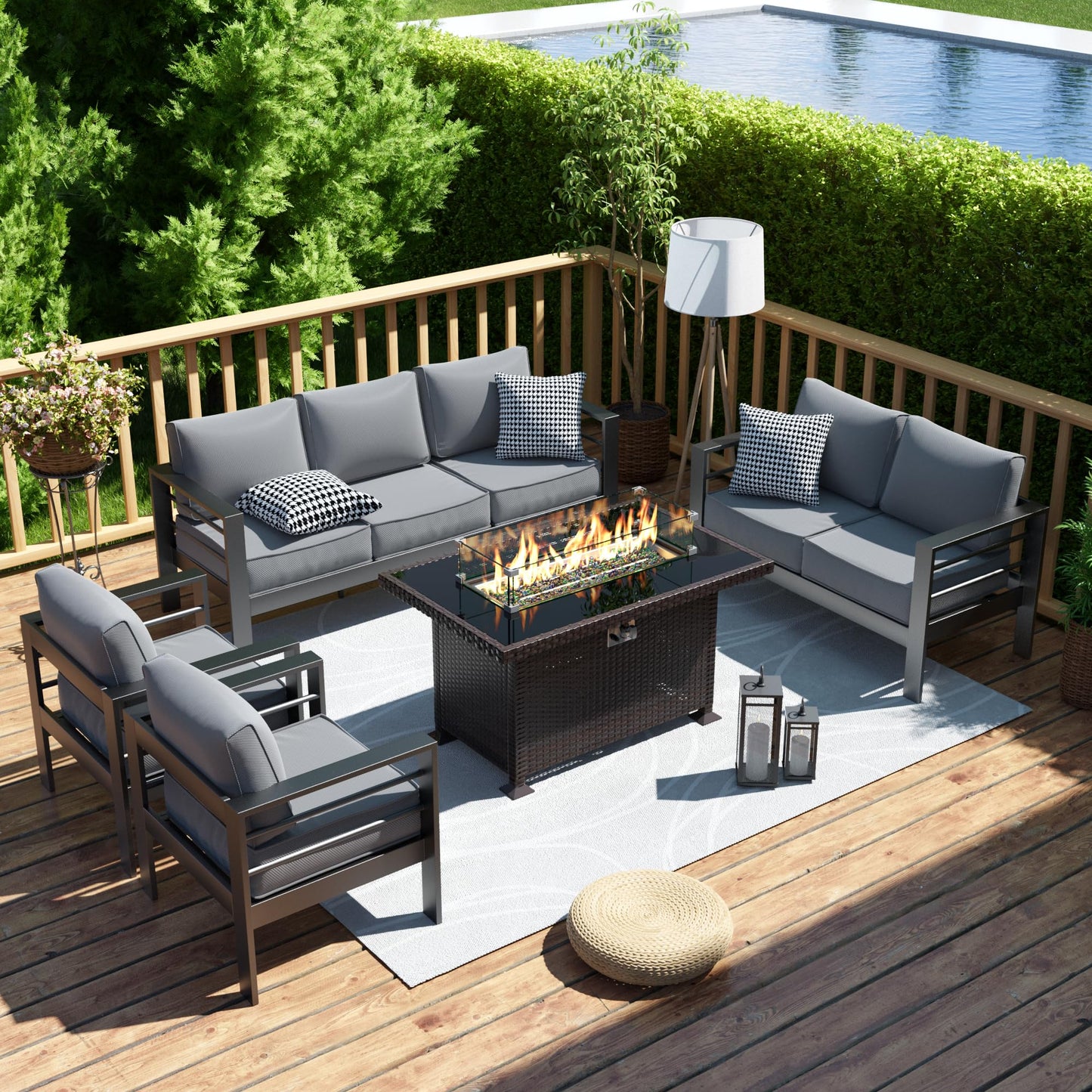 Amopatio Patio Furniture Set with Fire Pit Table, 8 Pcs Aluminum Outdoor Sectional Metal Modern Patio Sofa Sets, 44" Gas Fire Pit Conversation Set for Yard, Dark Grey(Included Waterproof Cove - WoodArtSupply