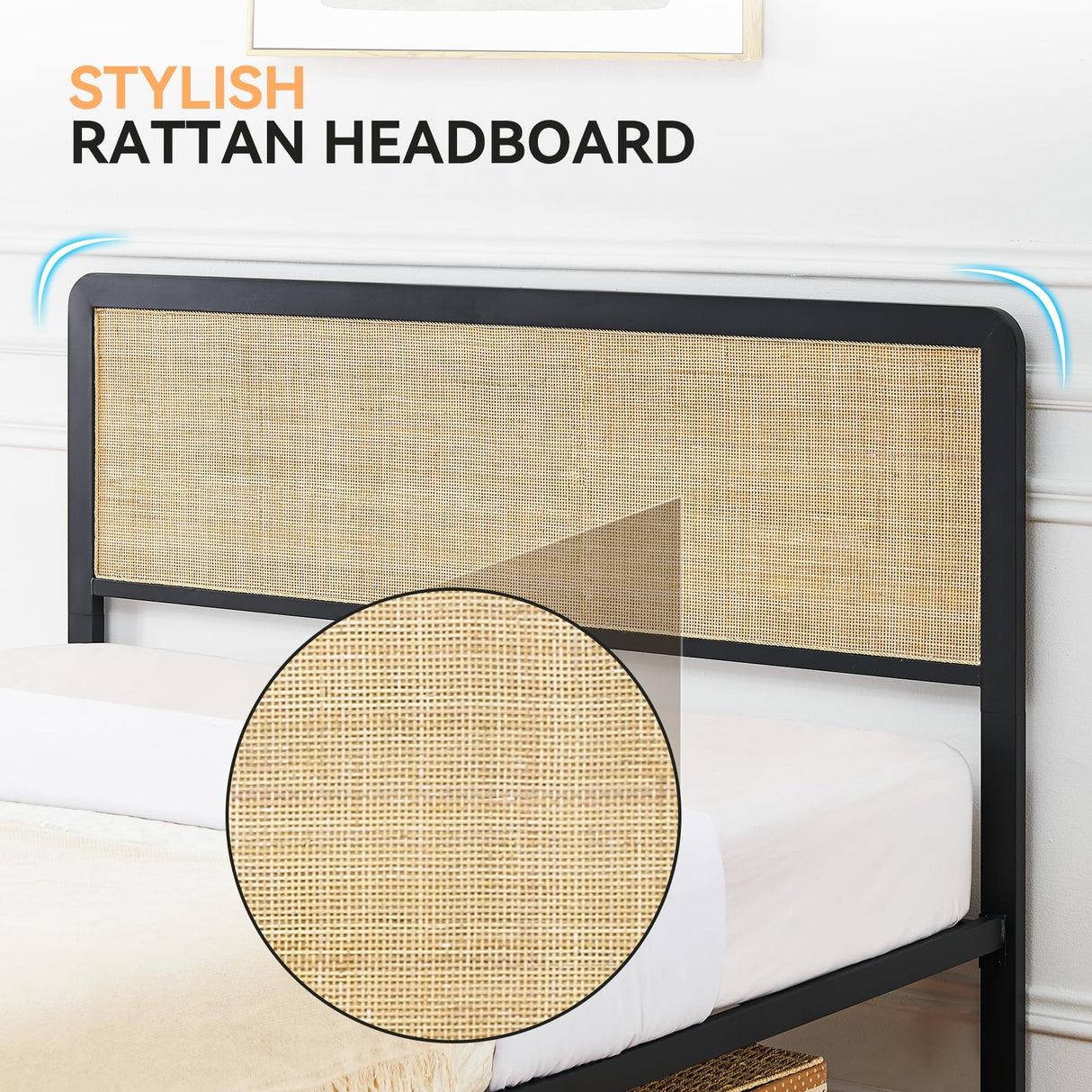 IDEALHOUSE Rattan Queen Size Bed Frame with Natural Rattan Headboard, Cane Boho Queen Size Platform Bed Frame,Natural Bed Frame No Box Spring Needed, Noise-Free, Easy Assembly(Black) IDEALHOUSE