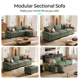 LINSY HOME 123'' Modular Sectional Sofa Green Couch Corduroy Cloud Couches for Living Room, L Shaped Couch with Movable Ottoman, Modern Cloud Sectional Sofas for Bedroom and Apartment, Green LINSY HOME