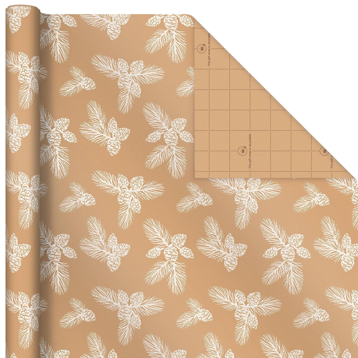 Hallmark Christmas Wrapping Paper Rolls - Green Trees, White Pine Cones on Recyclable Brown Kraft Gift Wrap Paper (Set of 2 Rolls: 150 sq. ft. ttl.) for Holiday Parties, Winter Weddings Hallmark