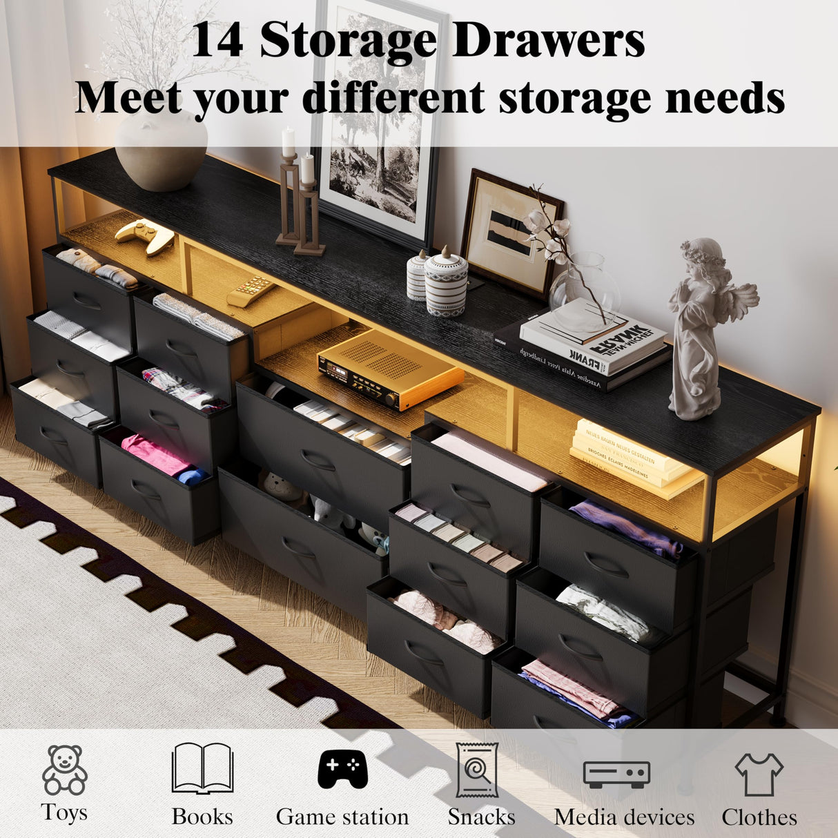 NinPeen 70.9" W Large TV Stand for 65/75/80 inchs TVs,14 Drawer Long Dresser with Charging Station and LED Lights,Entertainment Center with Storage for Living Room (Black, 70.9" W) NinPeen