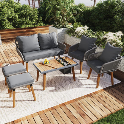 LUMISOL 6-Piece Grey Patio Furniture Set with Acacia Wood Cool Bar Table and Rope Seating - WoodArtSupply