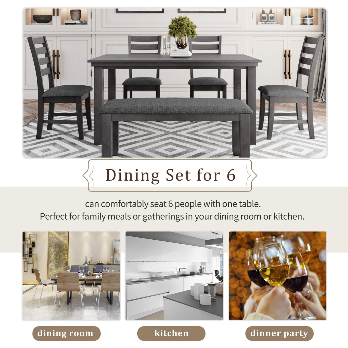 Harper & Bright Designs 6 Pieces Wooden Dining Table Set, Rectangle Table and 4 Chairs with Bench with Cushion, Kitchen Table Chairs Set for 6 Persons, Dining Room Set (Gray) Harper & Bright Designs