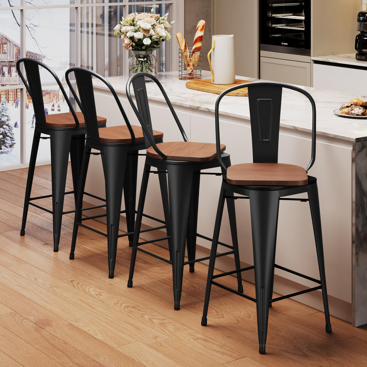 Aklaus Swivel Metal Bar Stools with Backs Counter Stools Set of 4 Counter Height Stools High Back Bar Chairs 24 Inch Barstools Farmhouse Matte Black Aklaus