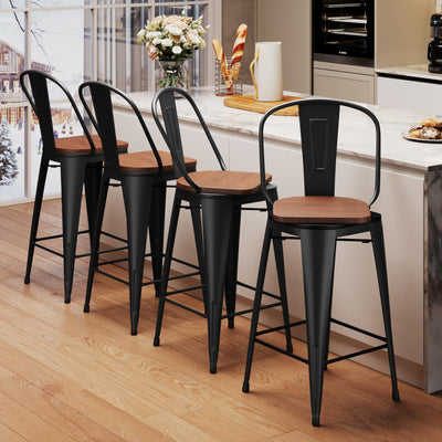 Aklaus Swivel Metal Bar Stools with Backs Counter Stools Set of 4 Counter Height Stools High Back Bar Chairs 24 Inch Barstools Farmhouse Matte Black