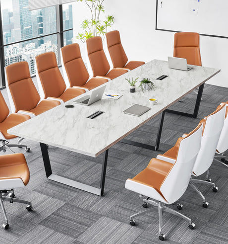 ahliss Sturdy Conference Table with Cable Management Grommets Modern Rectangle Office Meeting Table with Wood Tabletop and Metal Frame & Legs- Easy Assembly Boardroom Table (White Marble, 12 Foot) ahliss