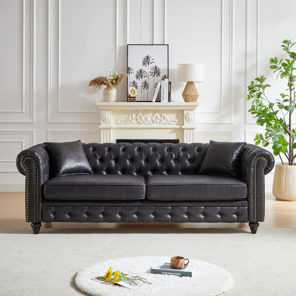 KEIKI Chesterfield Sofa, Retro Style Upholstered 3 Seater Tech Fabric Couch with Rolled Arm for Living Room Bedroom Office, Black KEIKI