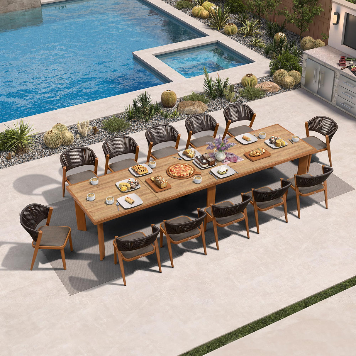 PURPLE LEAF 13-Piece Patio Dining Set Outdoor Furniture Rectangular Table and Chairs Set with Aluminum Frame and Teak-Finish for Garden Deck Backyard Kitchen Deep Teak Outdoor Set PURPLE LEAF