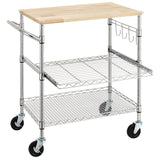 Finnhomy 3-Tier Rolling Kitchen Cart with 18" D x 30" W Oak Wood Tabletop, Kitchen Island Cart with 4" Wheels and Slider Shelf, Microwave Cart & Coffee Cart with Hooks for Dining Room, Chrome Finnhomy