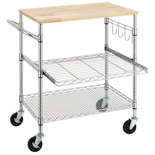 Finnhomy 3-Tier Rolling Kitchen Cart with 18" D x 30" W Oak Wood Tabletop, Kitchen Island Cart with 4" Wheels and Slider Shelf, Microwave Cart & Coffee Cart with Hooks for Dining Room, Chrome