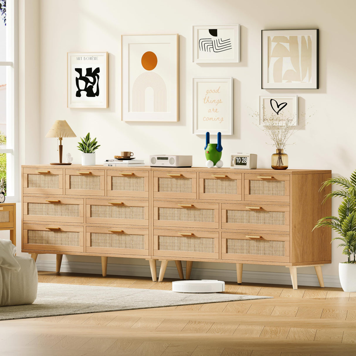 Rovaurx 7 Drawer Double Dresser for Bedroom, Rattan Chest of Dressers, Modern Wooden Dresser Chest with Golden Handles, Beside Table for Closet, Living Room and Entryway, Natural RDG004M Rovaurx