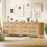 Rovaurx 7 Drawer Double Dresser for Bedroom, Rattan Chest of Dressers, Modern Wooden Dresser Chest with Golden Handles, Beside Table for Closet, Living Room and Entryway, Natural RDG004M Rovaurx