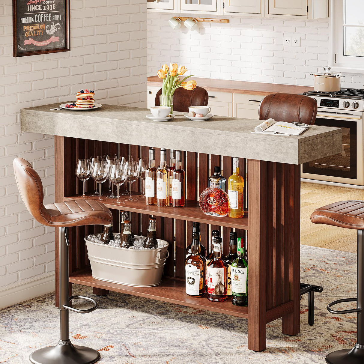 Tribesigns 63-Inch Large Home Bar Unit, 2-Tier Kitchen Island Mini Bar Height Pub Table with Footrest, Modern Coffee Bar Cabinet for Dining Room, Bistro, Living Room Tribesigns