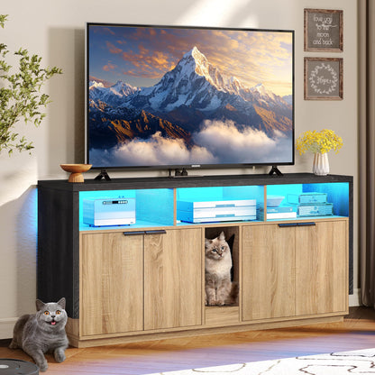 DWVO Cat Litter Box Enclosure for 2 Cats, Litter Box Furniture Hidden with Power Outlet & LED Light, Wooden Cat Cabinet TV Stand Furniture w Double Rooms for Indoor Cats, 59" L x15.7 W x27.5 H, Oak