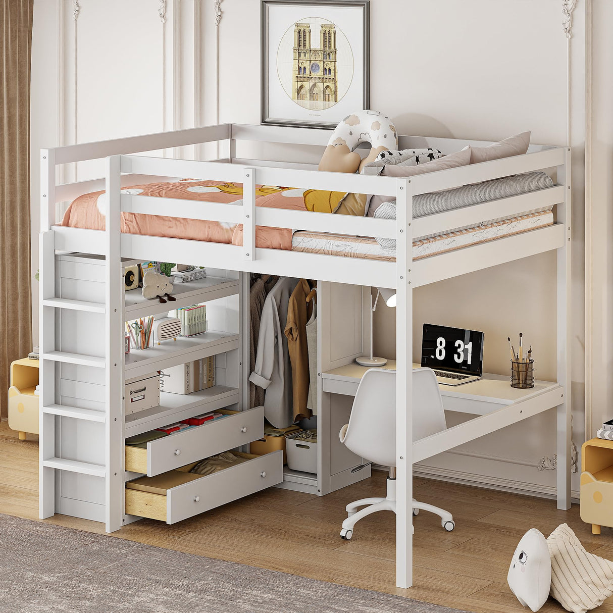 Harper & Bright Designs Full Size Loft Bed with Desk, Storage Shelves and Drawers, Solid Wood Loft Bed Frame with Built-in Wardrobe, White Harper & Bright Designs