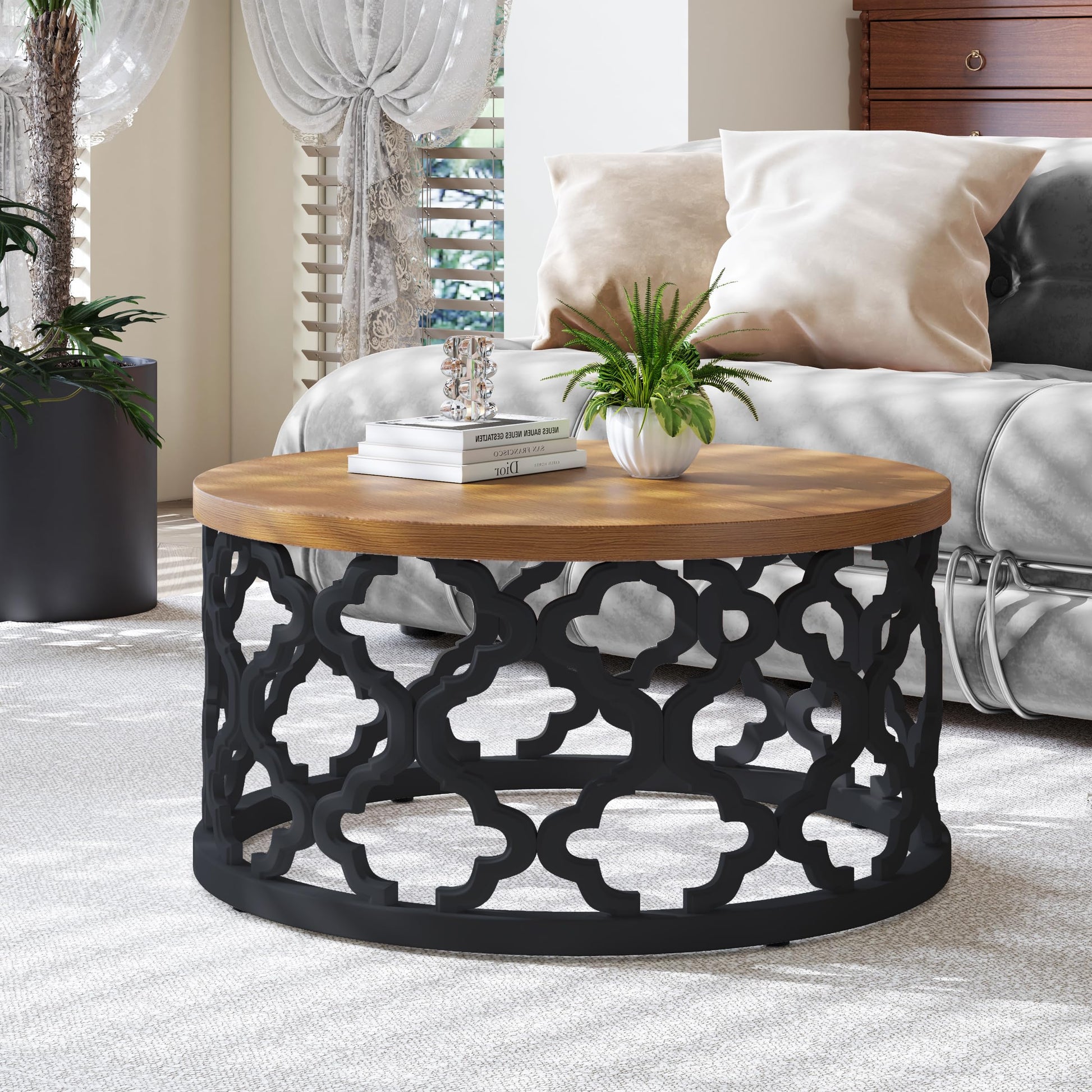 Usinso Farmhouse Round Coffee Table, Wood Grain Top Table with Curved Motif Frame Base, French Country End Table, Rustic for Living Room, Black - WoodArtSupply