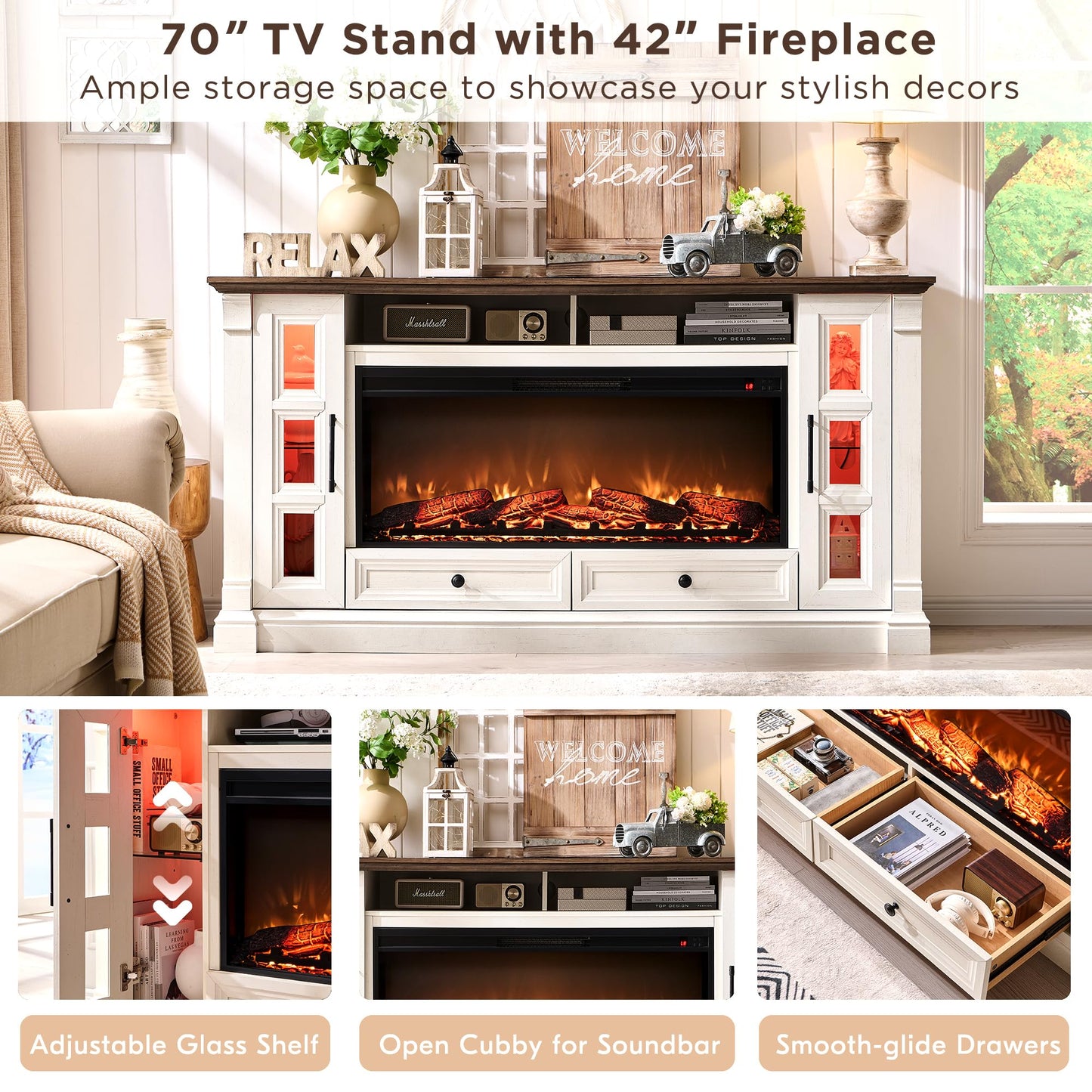 OKD Fireplace TV Stand for up-to-80 TV, Farmhouse 36" Tall Entertainment Center with 42" Electric Fireplace, Media Console with Glass Door Cabinets & Drawers for Living Room, Antique White