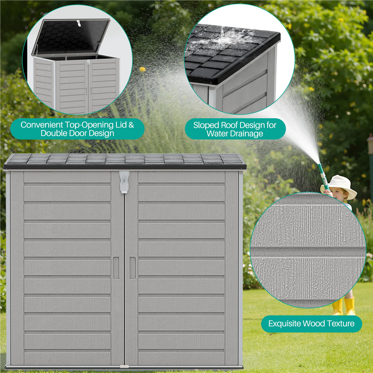 HUGROVE 49.5 Cu ft Storage Shed, 4.6 x 4.1 FT Outdoor Storage Horizontal Resin Shed, Weather Proof Water Proof PP Material, Lockable Door, Outdoor Storage Box for Trash Cans, Patio, Garden (4.6x4.1) HUGROVE