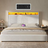 YITAHOME King Size Corduroy Upholstered Platform Bed Frame with Charging Station and RGB LED Lights, 53’’ Tall Storage Wingback Headboard, No Box Spring Needed, Easy Assembly, Noise-Free, White YITAHOME