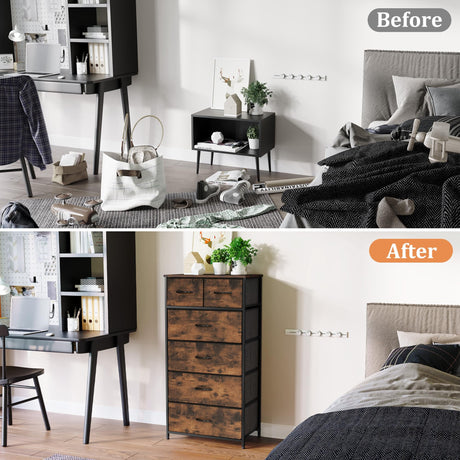 VredHom Fabric Dresser for Bedroom, Tall Skinny Dresser with 6 Drawers, Storage Organizer Tower, Steel Frame Wooden Top for Closet, Living Room, Hallway(Rustic Brown) VredHom