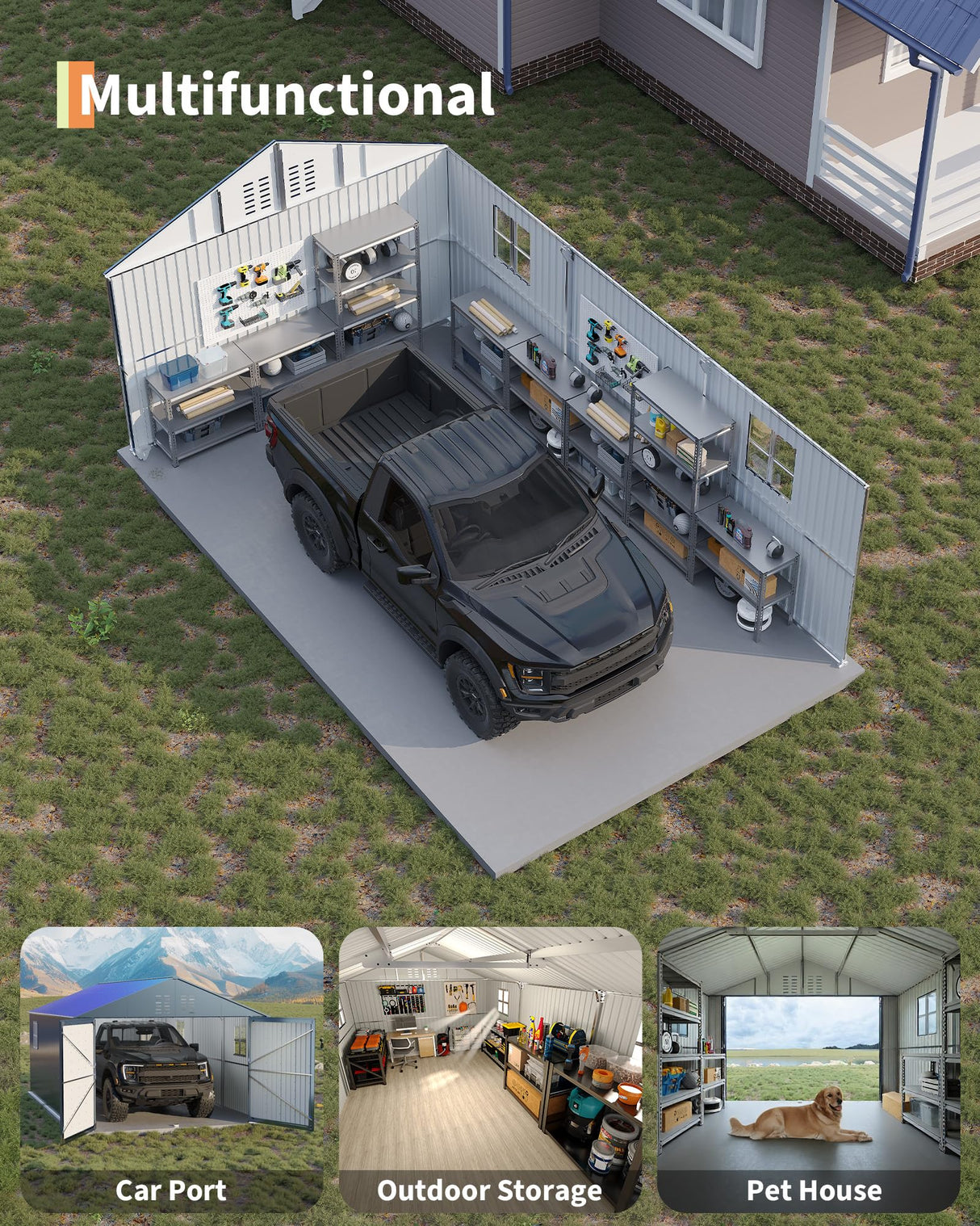 GarveeLife 12x20 FT Metal Carport, Enclosed Car Port with Reinforced Frame and Steel Roof for All-Weather Use, Metal Garage Shed for Full-Sized Pickup Trucks GarveeLife