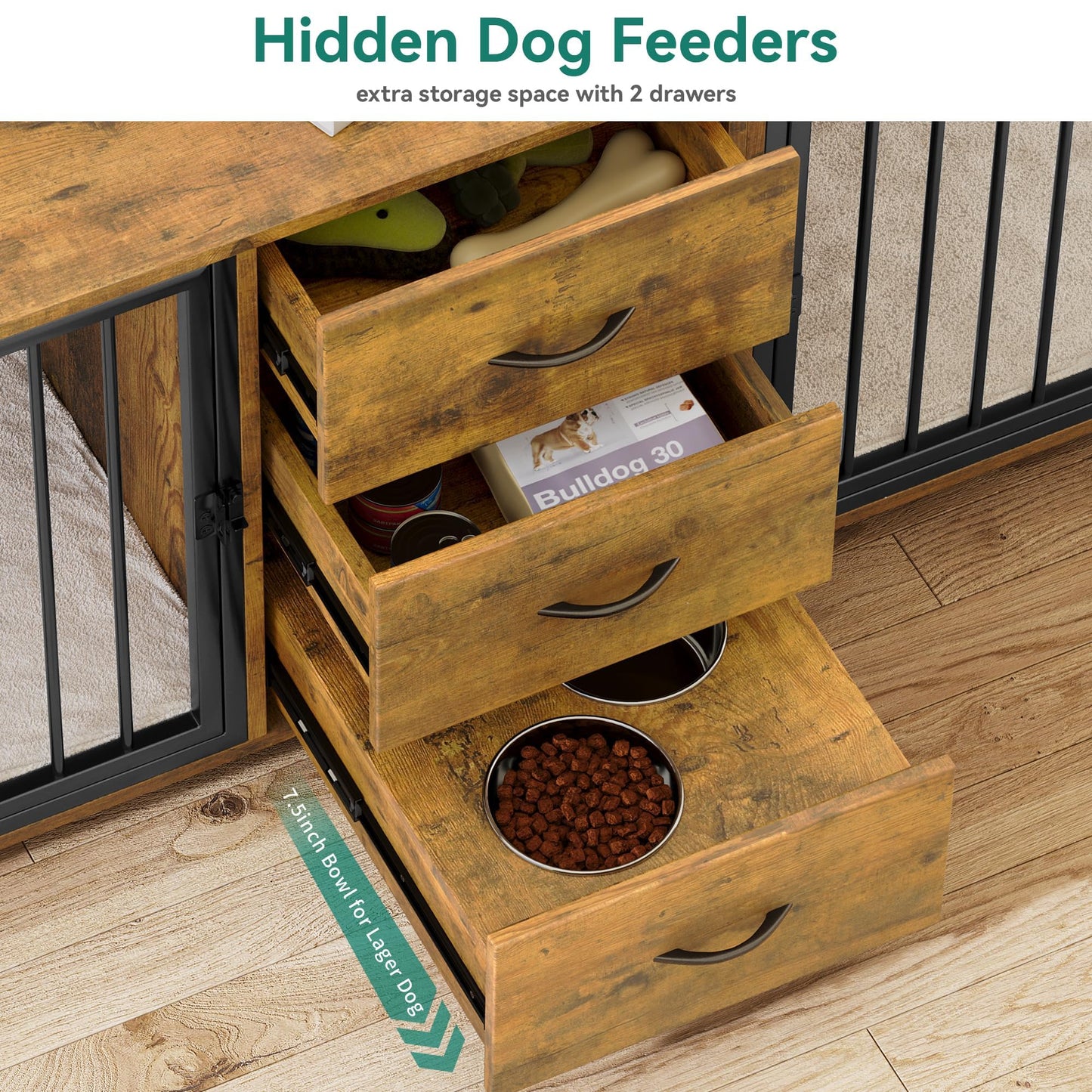 YITAHOME 74" Double Dog Crate Furniture with 2 Feeder Bowls, Wooden Dog Kennel TV Stand with Room Divider for 2 Large Medium Small Dogs, Rustic Brown